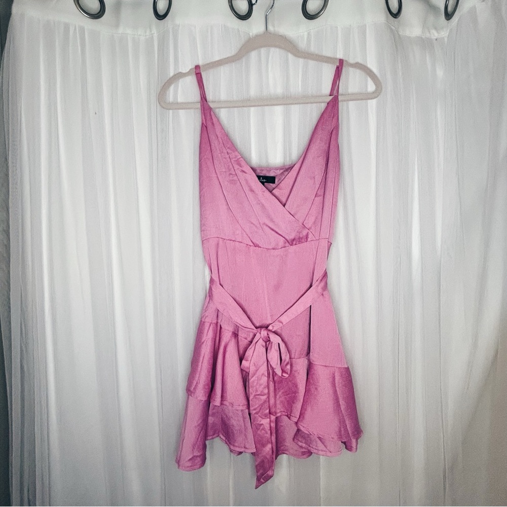 Lulu's Pink Surplice Romper with Tie Waist - Picture 1 of 4